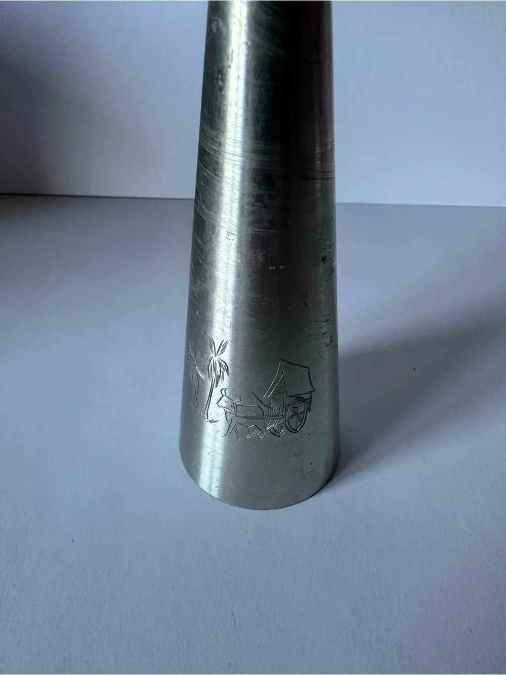 Selangor Pewter Malaya Brushed Bud Vase with Etched Palm Trees & Donkey Cart